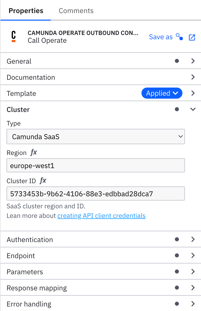 Properties panel with an element template