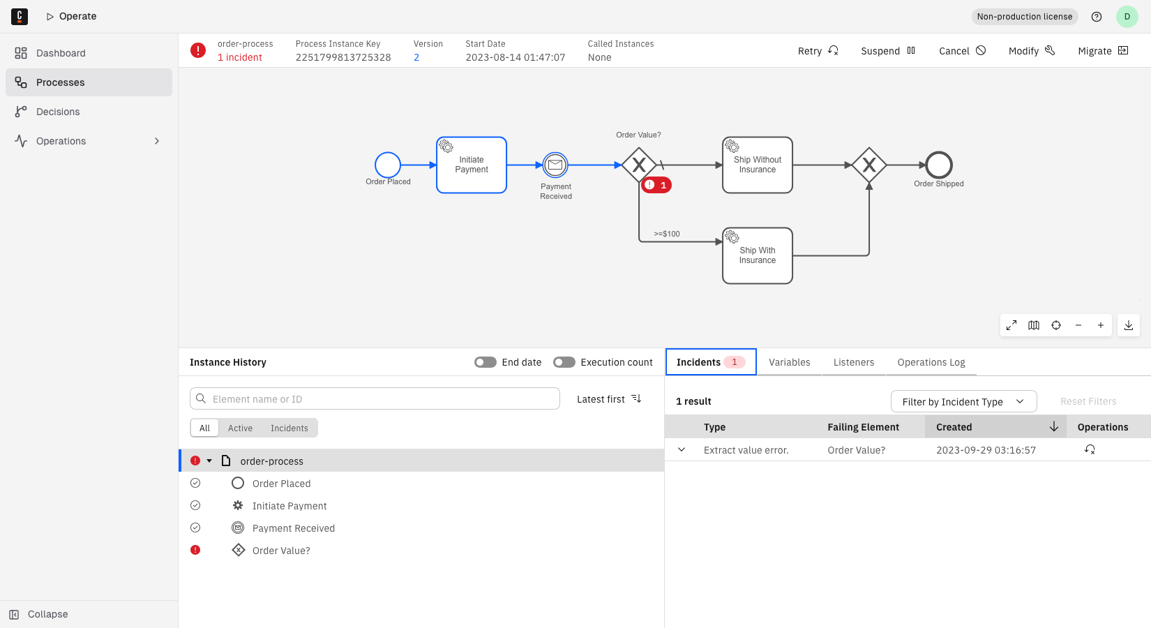 A process instance with one incident shown in the header, the Order Value? gateway marked with an incident indicator in the diagram, and the Incidents tab open in the bottom panel listing the extract value error.