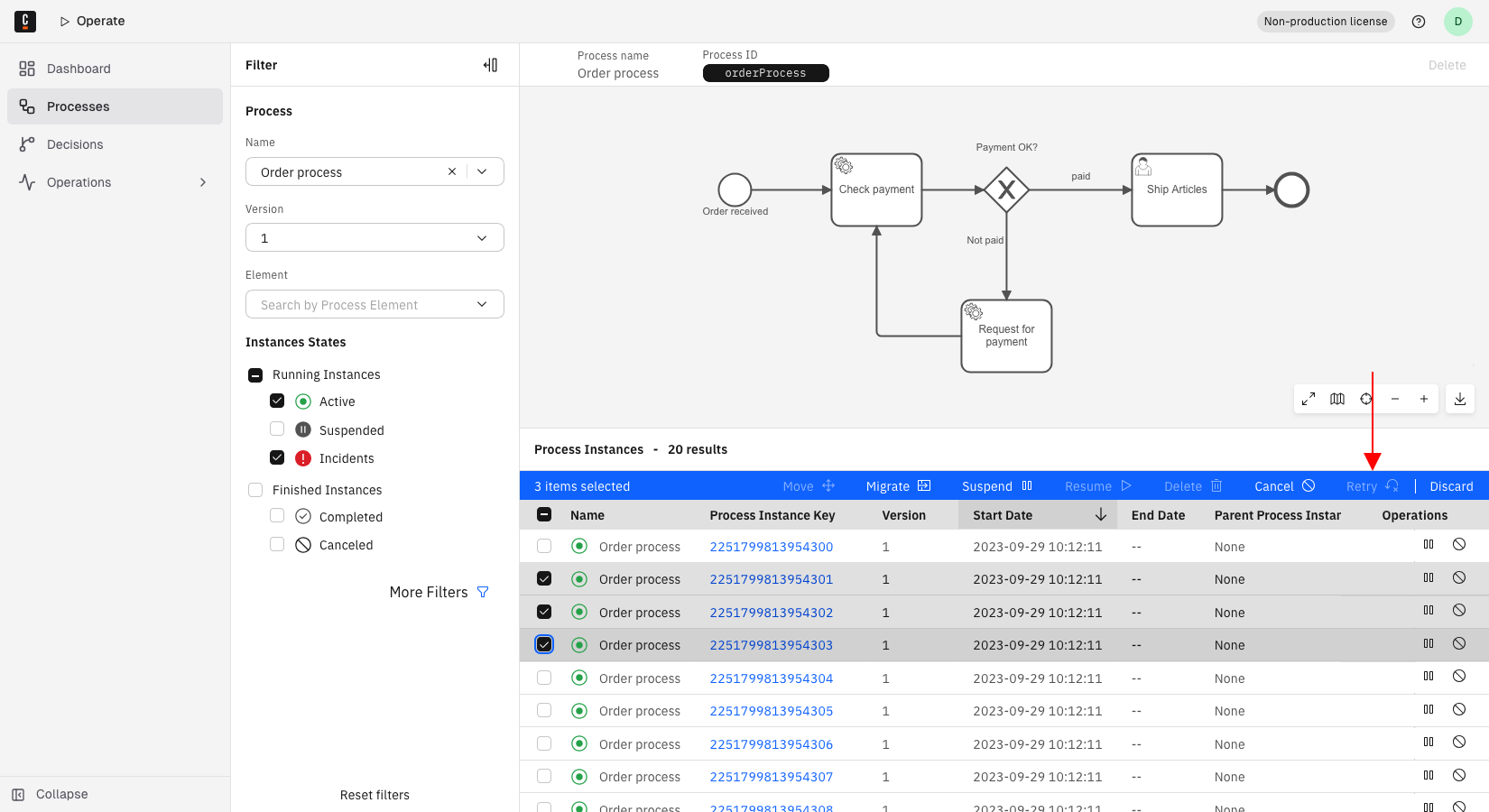Three process instances selected in the Process Instances table, with the batch action toolbar visible above the table.