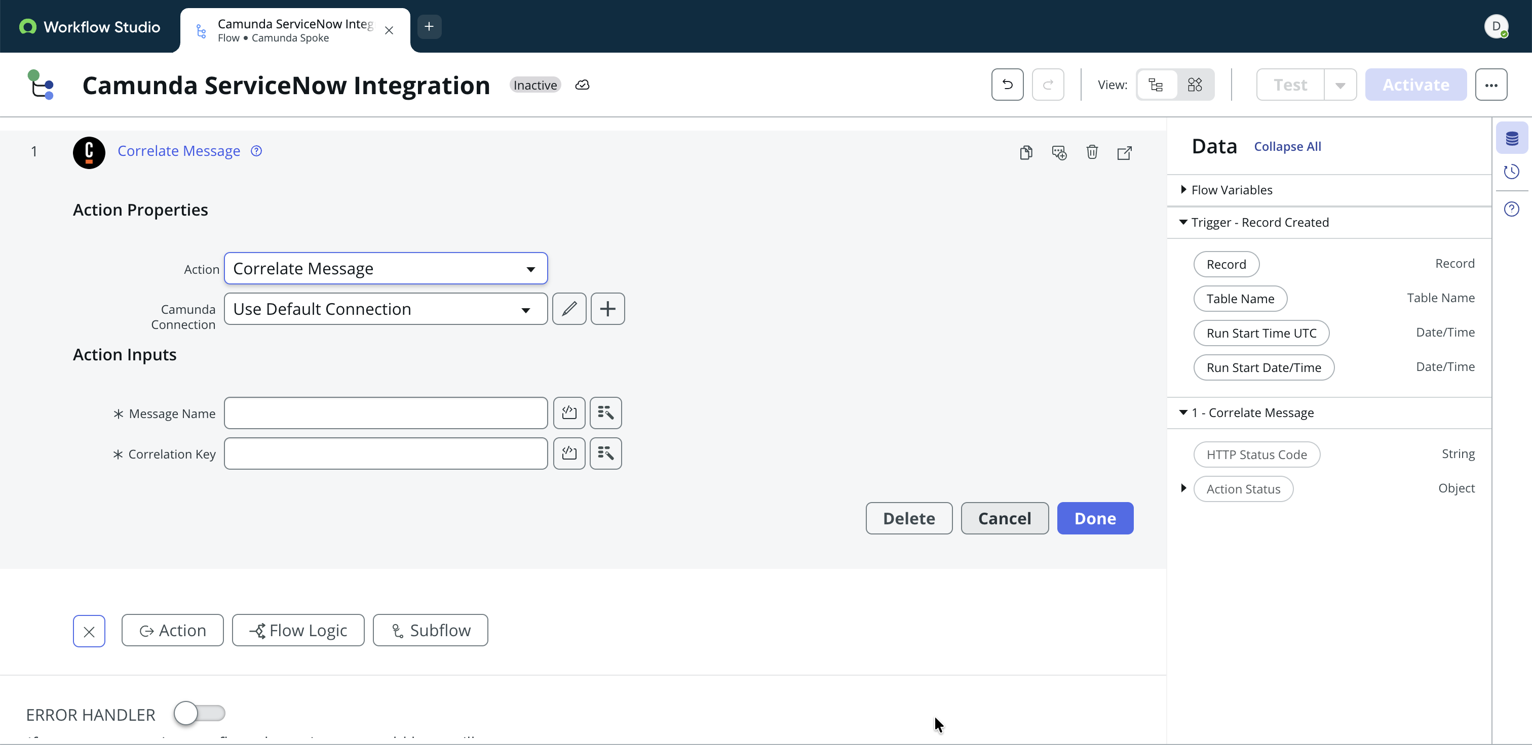 Correlate Message action