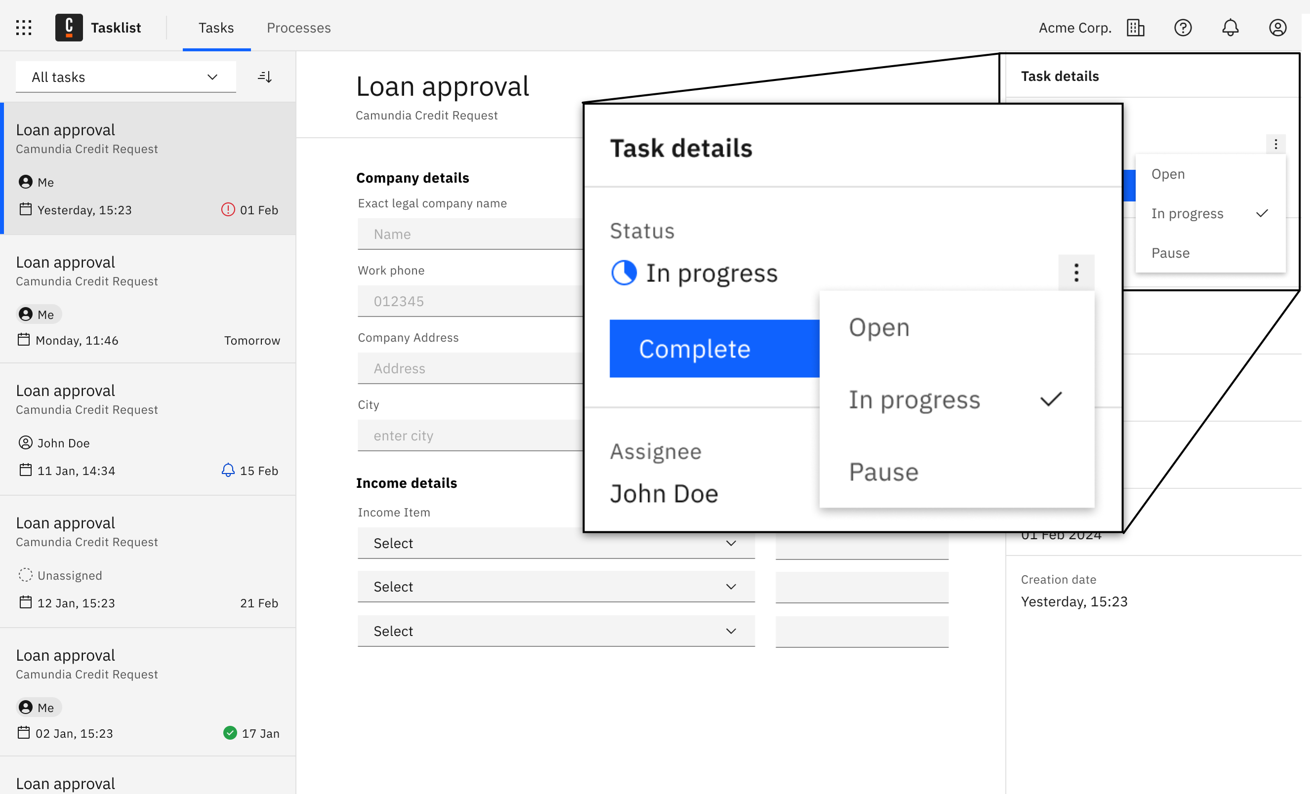 Task life cycle and assignment in the Camunda Tasklist UI