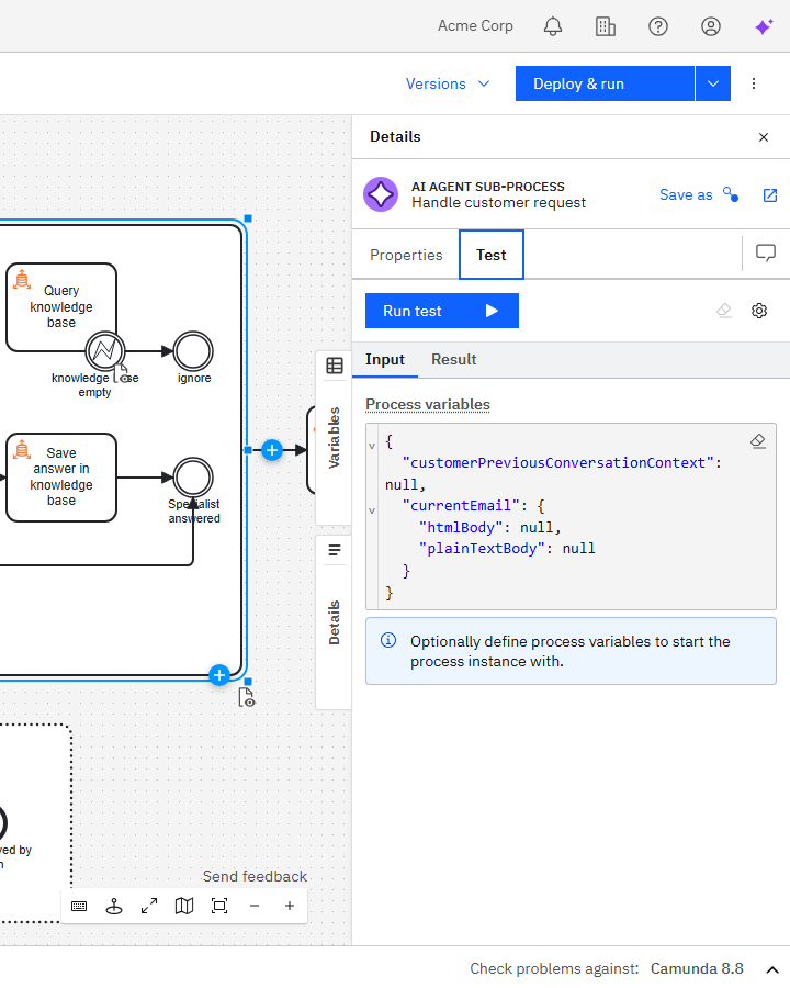 Task testing in Modeler with input variables and result view