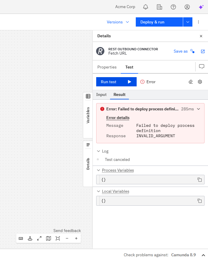 Execution error message shown after a task test fails due to a configuration or network issue
