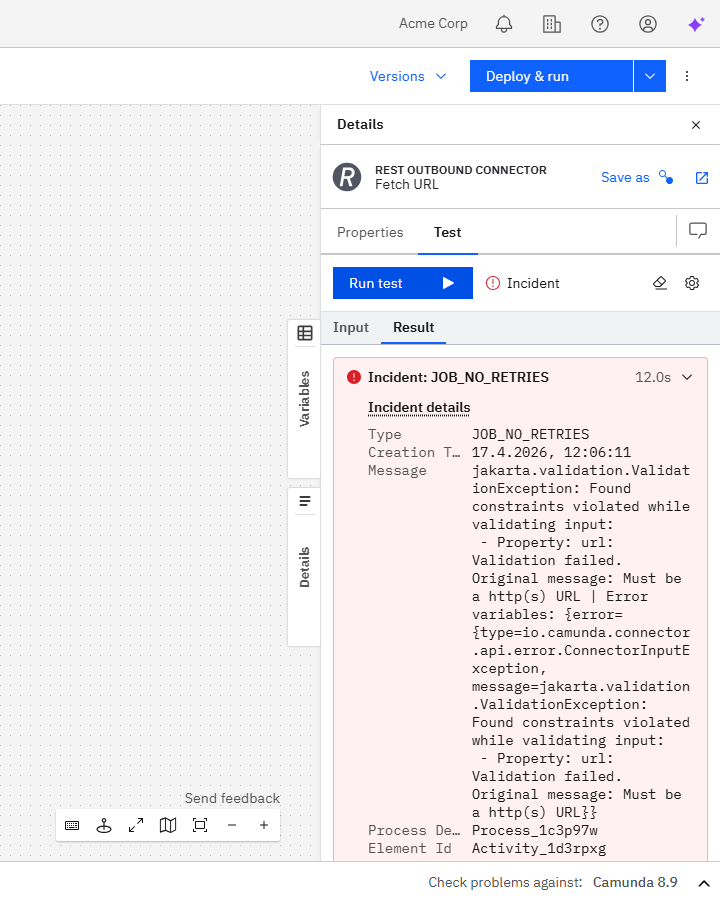 Incident details shown for a failed task execution, including incident message and variable context