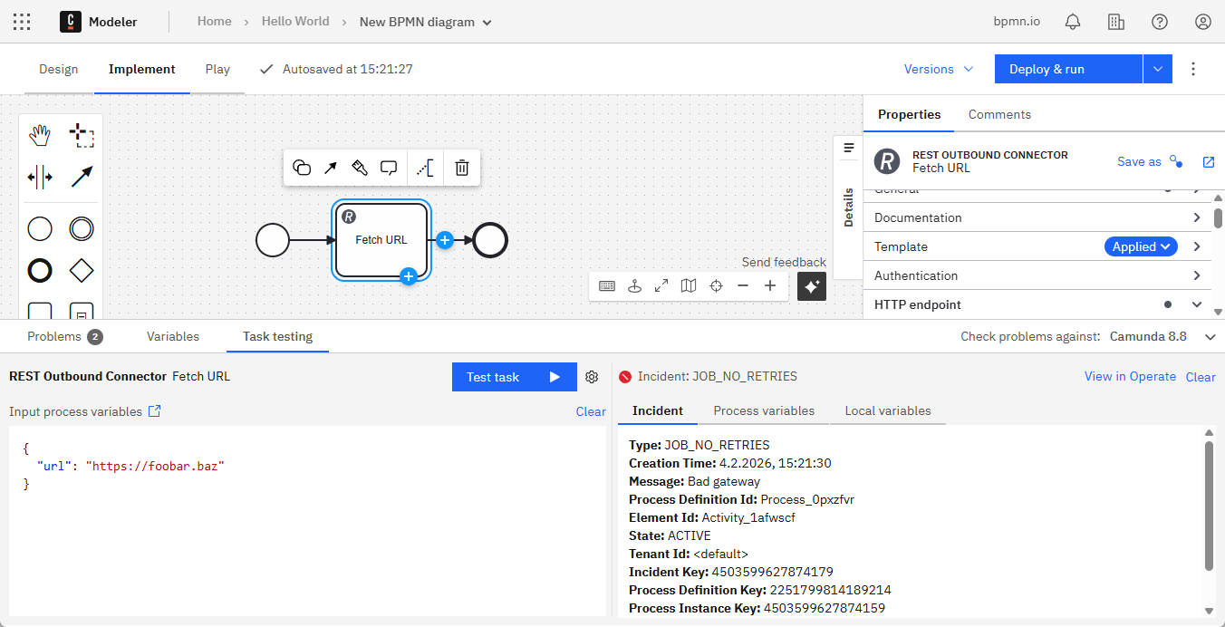 Incident details shown for a failed task execution, including incident message and variable context