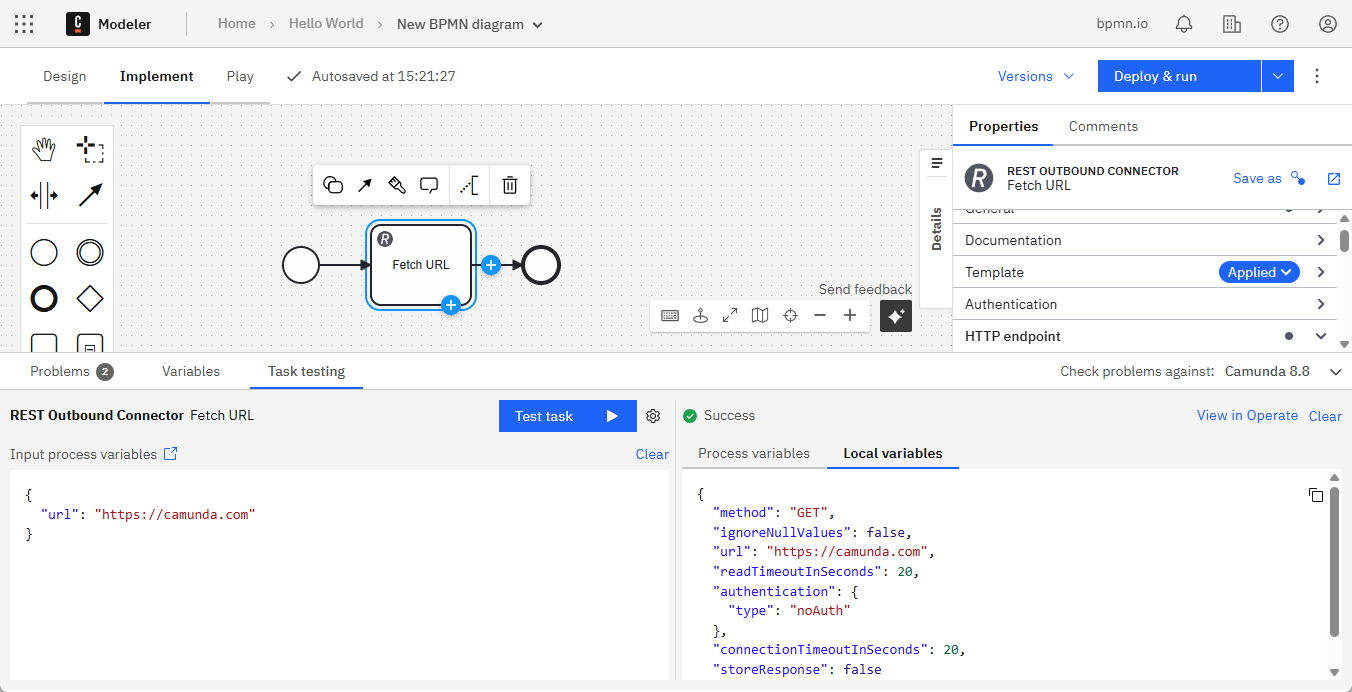 Successful task test showing resulting process variables
