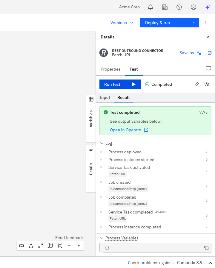 Successful task test showing resulting process variables