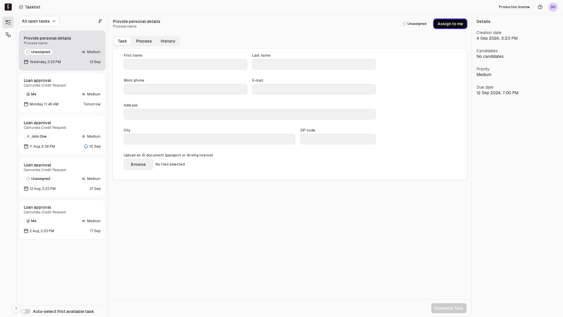 User task form with a file picker for uploading an ID document in Tasklist
