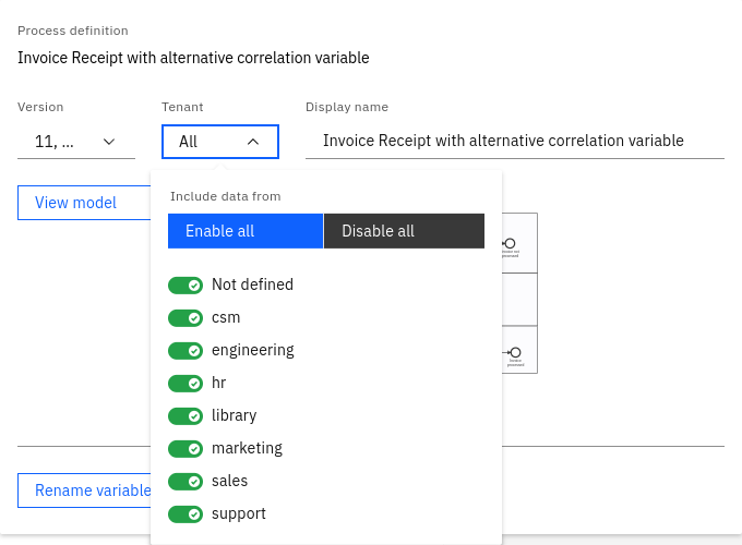 Process definition selection for a multi-tenancy scenario