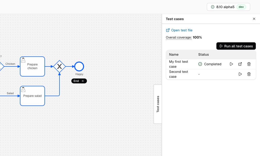 Running a test case on the process definition page