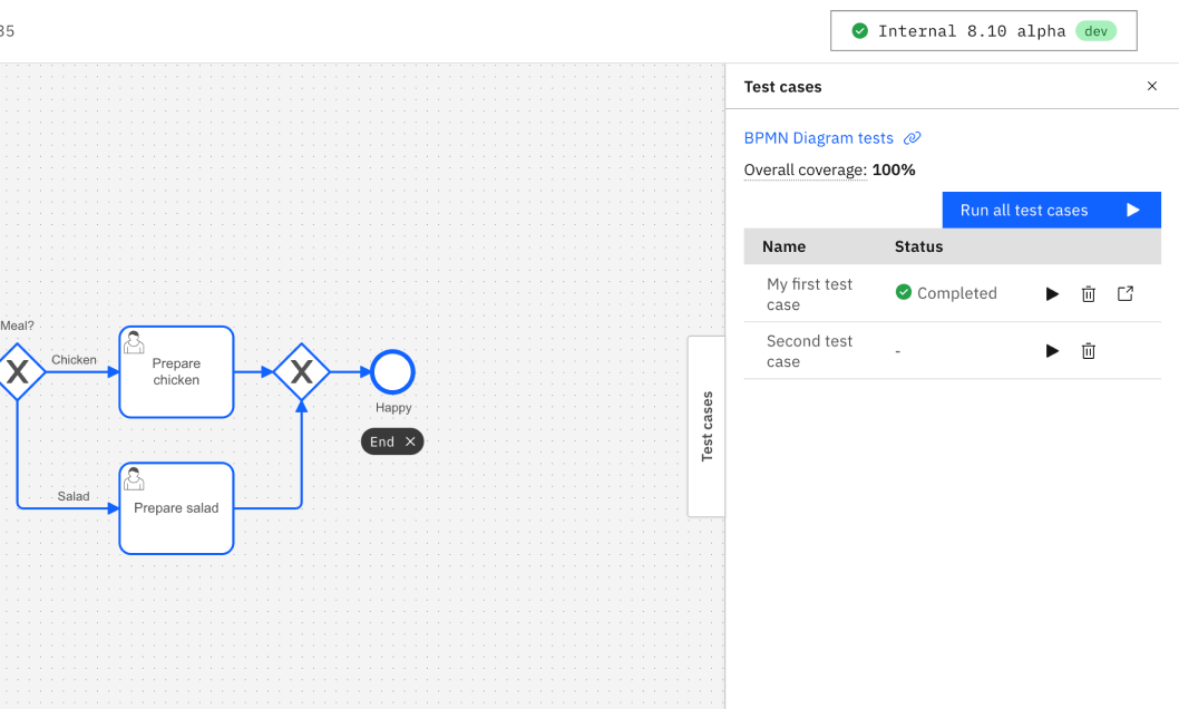 Running a test case on the process definition page