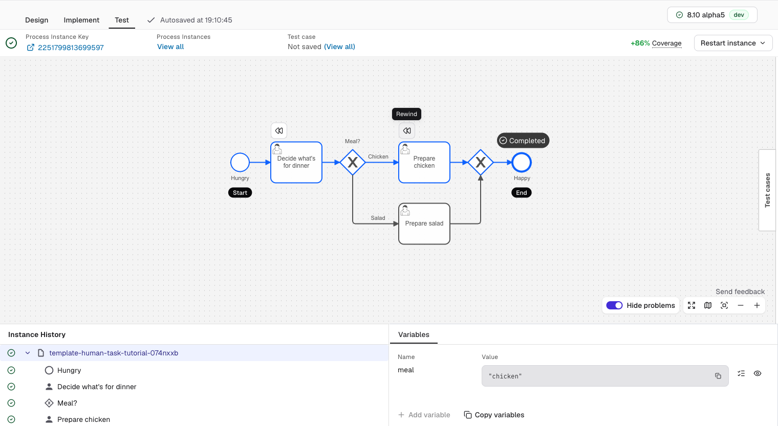 Rewinding a process in Test mode