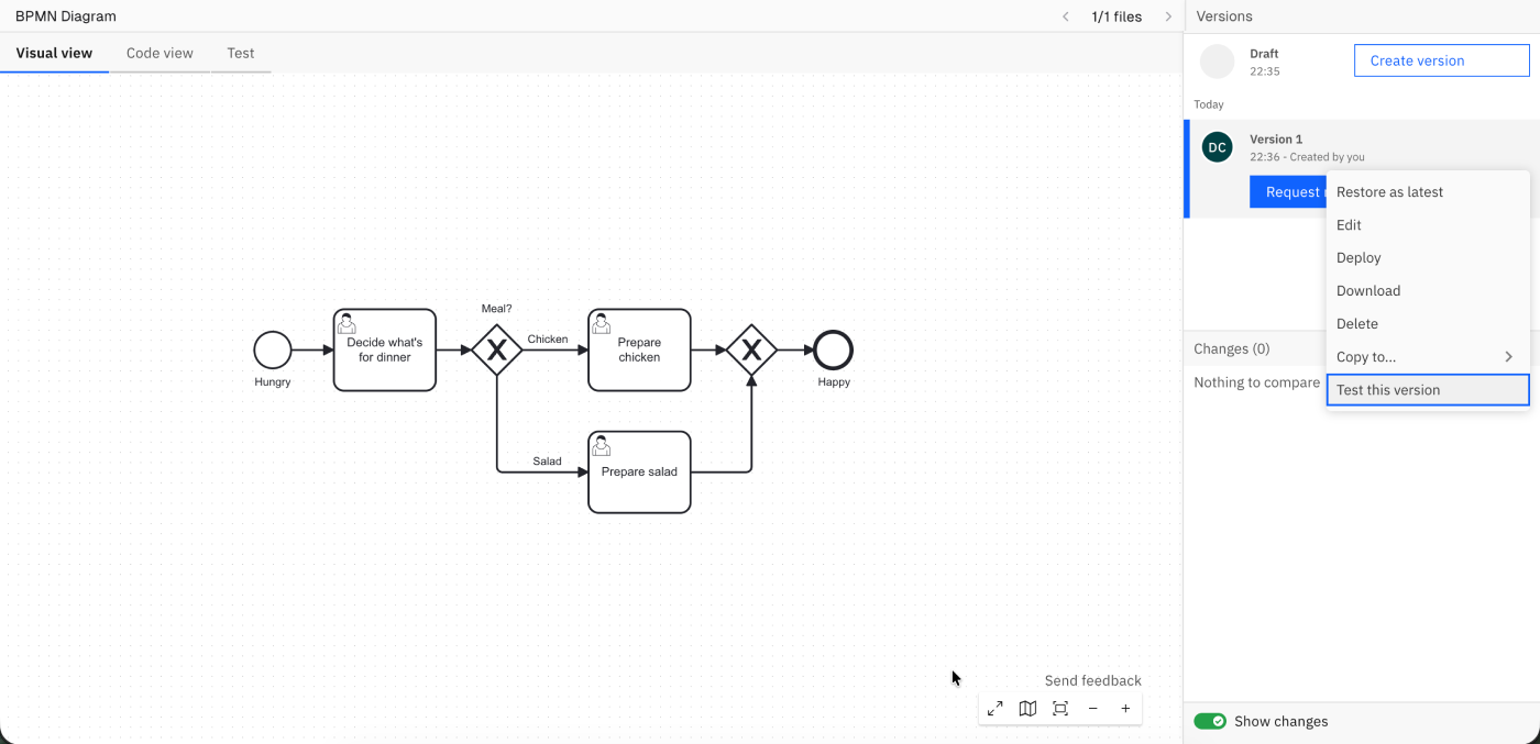 Test this version entry point in the process application versions view