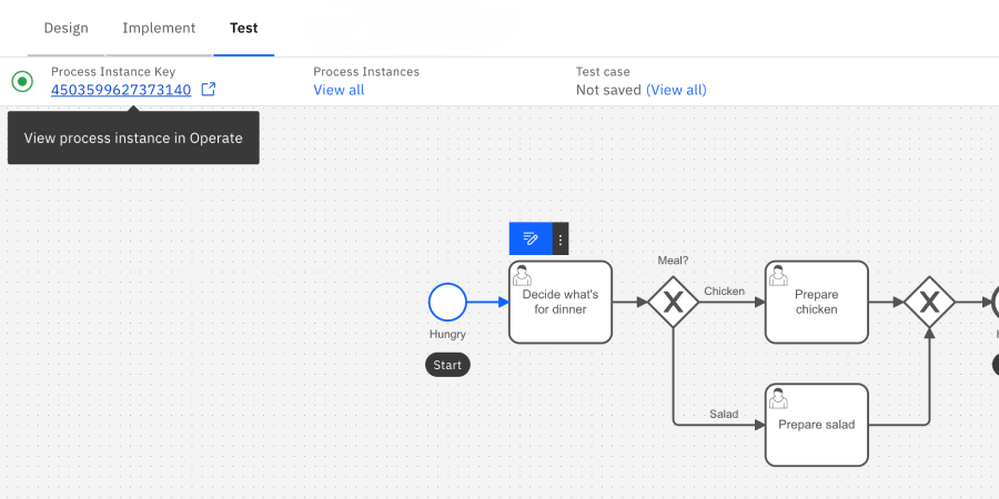 Viewing a process instance in Operate from Test mode