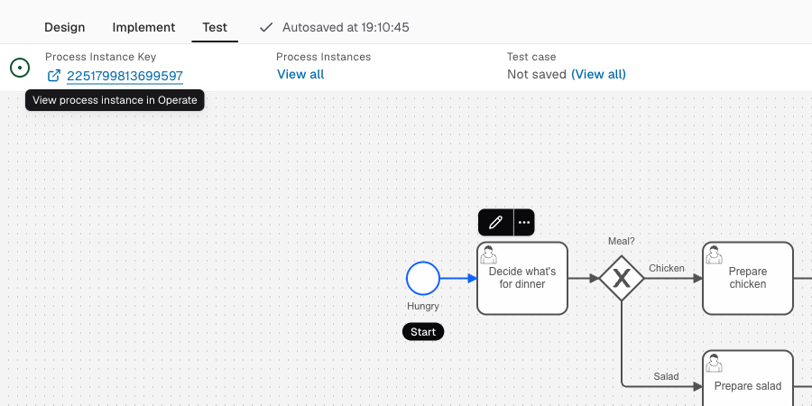 Viewing a process instance in Operate from Test mode