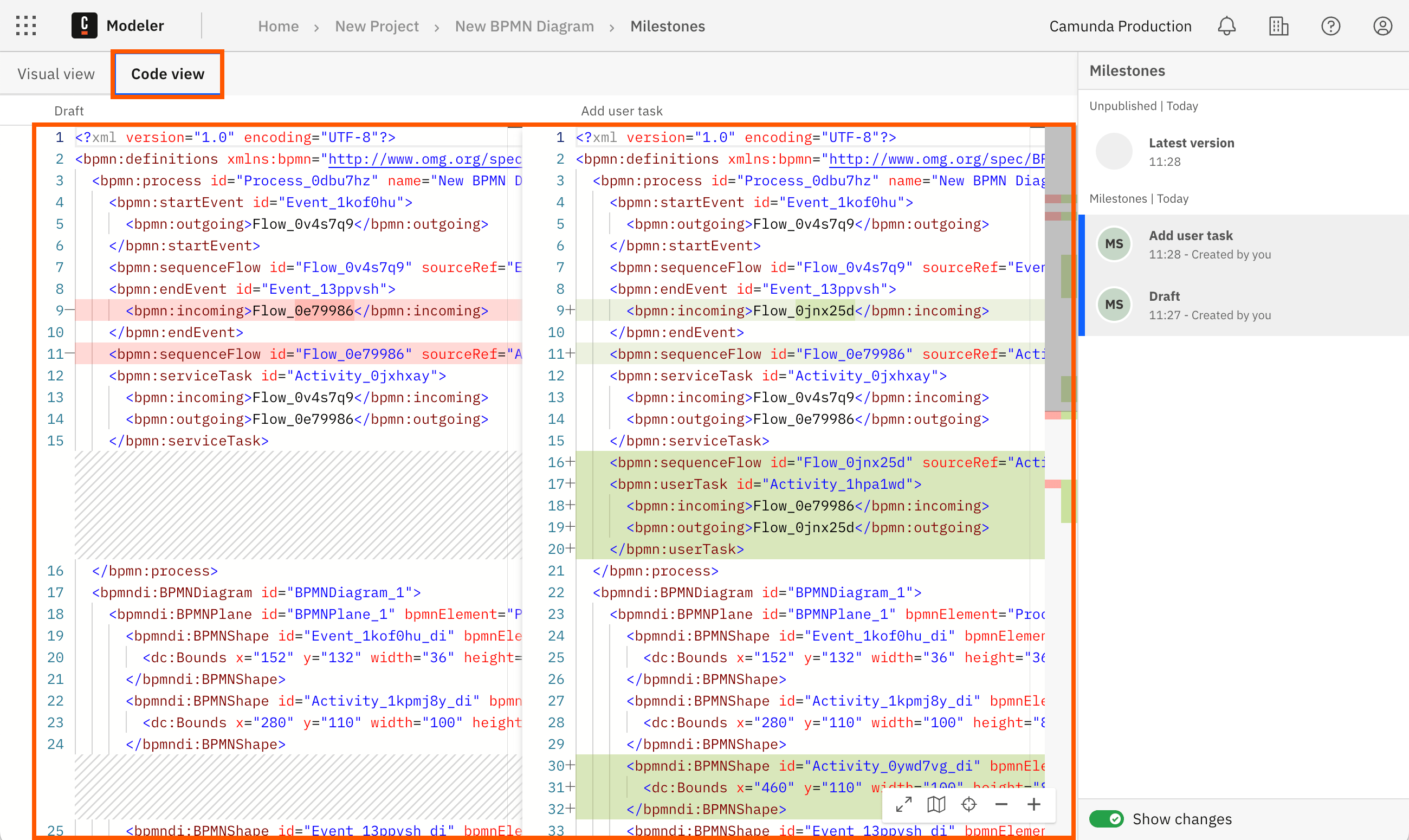 milestones diffing in code view