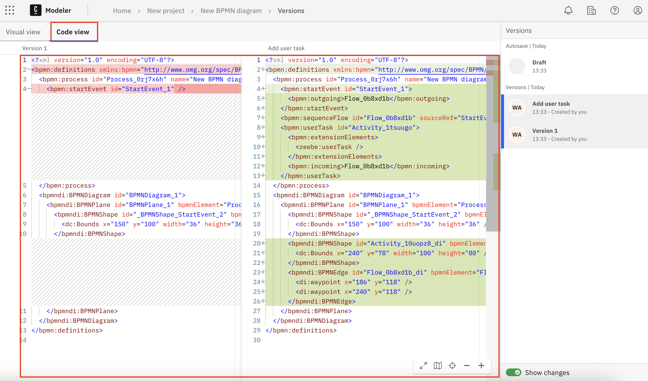 versions diffing in code view