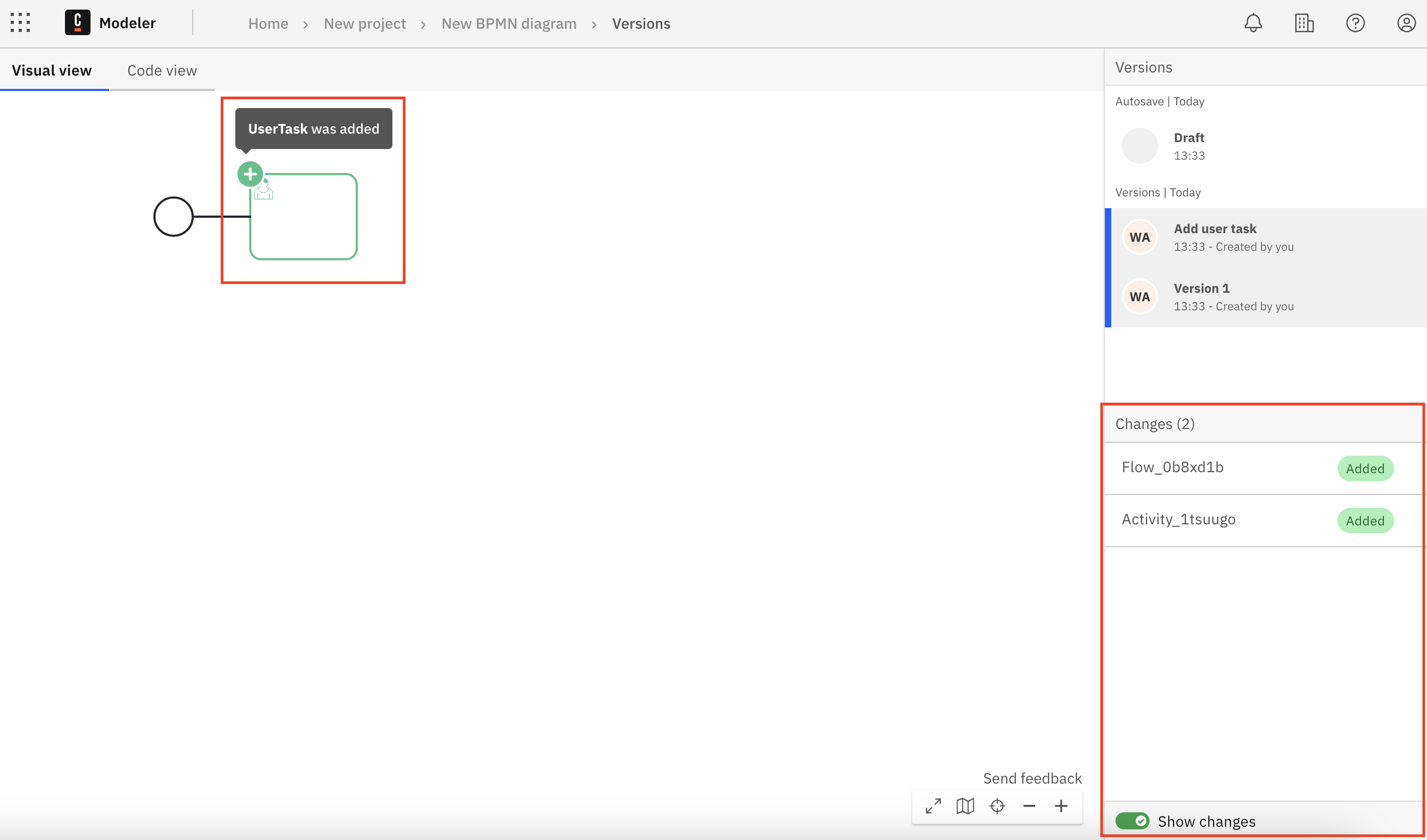 versions diffing in visual view